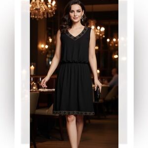 S.L. Fashions Black Dress with Beaded Trim